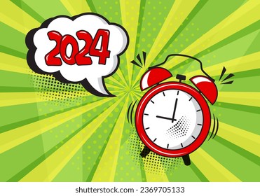 Comic alarm clock New Year 2024, funny wake up vector icon, countdown speech bubble on green background. Sound effect and halftone dots shadow in pop art style. Christmas cartoon illustration