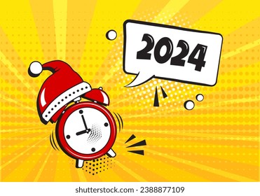 Reloj de alarma cómica Año Nuevo 2024, icono divertido de despertar, burbuja de discurso de cuenta regresiva sobre fondo amarillo. Reloj de despertador navideño en sombrero Santa. Efecto de sonido en estilo de arte pop. Ilustración vectorial de dibujos animados