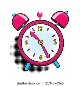 Comic-Wecker. Pop Art bunt und dynamisch kartoonische Symbol im Retro-Stil. Vektorhelles Cartoon-Objekt mit Halbtonschatten