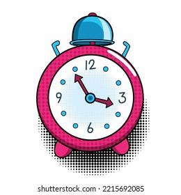 Comic alarm clock. Pop art colorful and dynamic cartoonish icon in retro style. Vector bright cartoon object with halftone dots shadow
