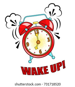 Comic alarm clock ringing and expression with wake up text. Vector bright dynamic cartoon object in retro pop art style isolated on white background