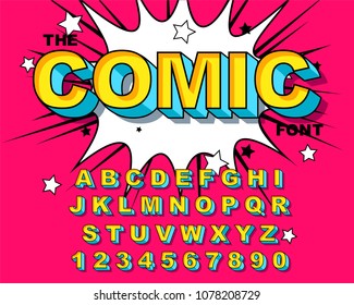 Comic Alphabet. Retro pink. Letters, numbers for kids illustrations, websites, comics, banners. Vector Comic alphabet. Pop-art Cartoon ABC Lettering Font. Comics speech bubble bang for explosions.