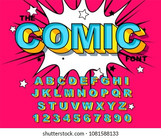 Comic Alphabet. Retro pink. Letters, numbers for kids illustrations, websites, comics, banners. Vector Comic alphabet. Pop-art Cartoon ABC Lettering Font. Comics speech bubble bang for explosions.