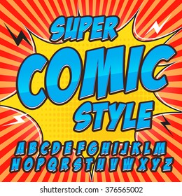 Comic alphabet set. Blue color version. Letters, numbers and figures for kids' illustrations, websites, comics, banners.