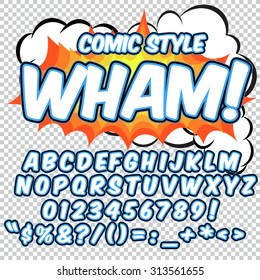 Comic alphabet set. Blue and white color version. Letters, numbers and figures for kids' illustrations, websites, comics, banners.