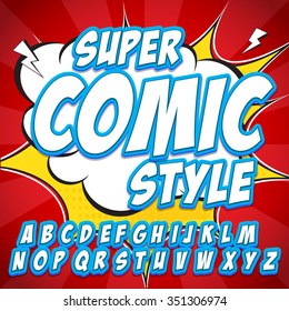 Comic alphabet set. Blue and white color version. Letters, numbers and figures for kids' illustrations, websites, comics, banners. Easy to use.