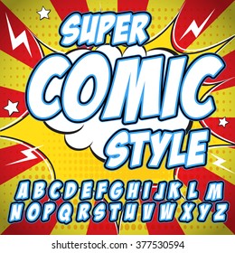 Comic alphabet set. Blue and white color version. Letters, numbers and figures for kids' illustrations, websites, comics, banners. Easy to use.