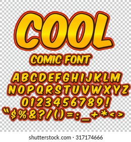 Comic alphabet set. Gold color version. Letters, numbers and figures for kids' illustrations, websites, comics, banners.