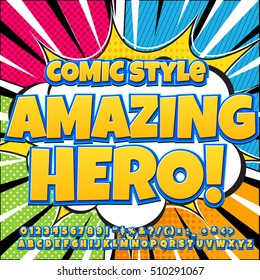 Comic alphabet set. Letters, numbers and figures for kids' illustrations websites comics banners.