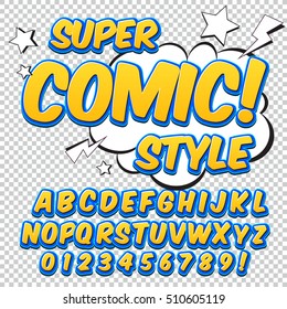 Comic alphabet set. Letters, numbers and figures for kids' illustrations websites comics banners.