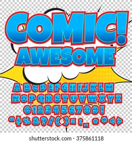 Comic alphabet set. Light blue color version. Letters, numbers and figures for kids' illustrations, websites, comics, banners.