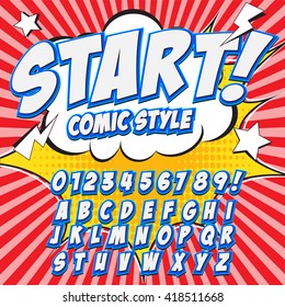 Comic alphabet set. Light color version. Letters, numbers and figures for kids' illustrations, websites, comics, banners.