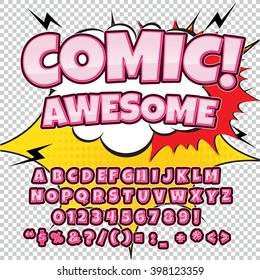 Comic alphabet set. Pink color version. Letters, numbers and figures for kids' illustrations, websites, comics, banners.