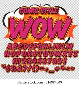 Comic alphabet set. Pink halftone color version. Letters, numbers and figures for kids' illustrations, websites, comics, banners.