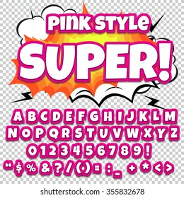 Comic alphabet set. Pink Light color version. Letters, numbers and figures for kids' illustrations, websites, comics, banners.