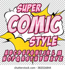 Comic alphabet set. Pink Light color version. Letters, numbers and figures for kids' illustrations, websites, comics, banners.