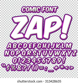 Comic alphabet set. Violet color version. Letters, numbers and figures for kids' illustrations, websites, comics, banners.