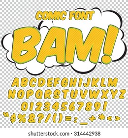 Comic alphabet set. Yellow color version. Letters, numbers and figures for kids' illustrations, websites, comics, banners.