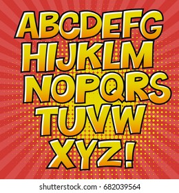 Comic alphabet and speech bubble element. Halftone circle on transparent background. Vector set. Comic text. Vector bubble icon speech phrase. Comics book balloon. Halftone background.