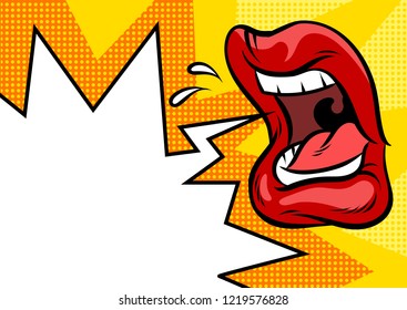 Comic angry mouth shouting and empty speech bubble. Pop art vector illustration.