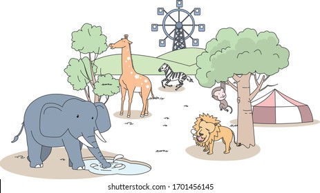 Comic animal character illustration, zoo