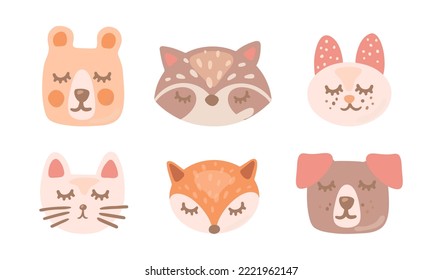 Comic animal faces with closed eyes vector illustrations set. Cute bear, raccoon, bunny, cat, fox and dog cartoon characters in Scandinavian style on white background. Animals, wildlife concept