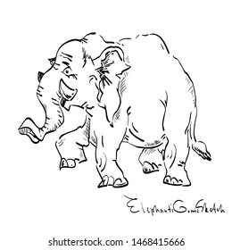Comic animal sketch with elephant. Black hand drawn sketch isolated on white background.