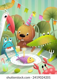 Comic animals birthday party at home. Beaver frog and a bird celebrating. Funny celebration scene for kids invitation or greeting card cartoon. Vector illustration for children.