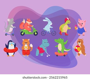 Comic animals doing summer activities vector illustrations set. Collection of drawings of wild animal cartoon characters riding scooters, playing games, eating ice cream. Summer, wildlife concept