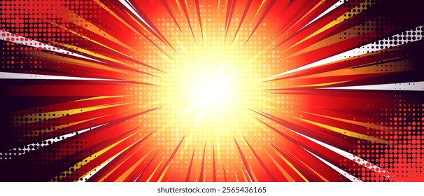 Comic anime explosion background with bright yellow center burst - dynamic radial rays in red, white shades spreading outward. Halftone dotted pattern with speed lines effect for manga battle scenes.