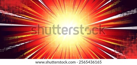 Comic anime explosion background with bright yellow center burst - dynamic radial rays in red, white shades spreading outward. Halftone dotted pattern with speed lines effect for manga battle scenes.