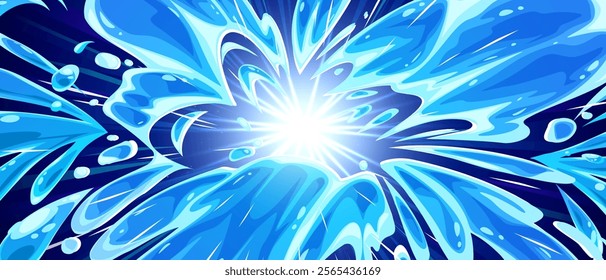 Comic anime water explosion radiating from bright center - dynamic liquid splashes creating circular burst pattern. Blue background with light azure droplets scattered among flowing stream effect.