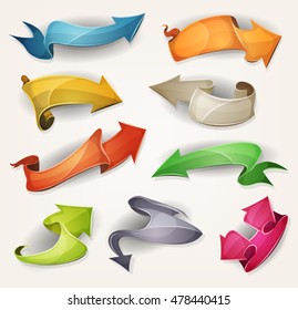 Comic Arrows And Parchment Banners For Game Ui/
Set of various cartoon funny fresh colorful circus arrows, banners, ribbons, swirls, awards and parchment scrolls designed for advertisement or ui game