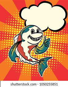 Comic art cartoon Koi carp fish vector.Chef fish halftone on rising background.