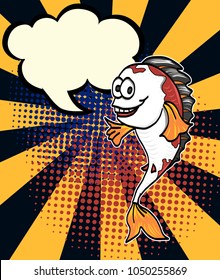 Comic art cartoon Koi carp fish vector.Chef fish halftone on rising background.