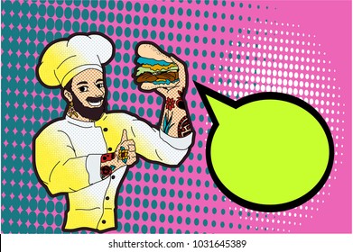 comic art and colorful halftone vector.Cartoon with balloon vintage and retro style.comic chef with hamburger and old school tattoo.