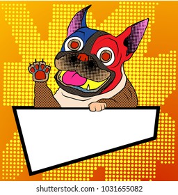 comic art and colorful halftone vector.Cartoon with balloon vintage and retro style.funny pug dog with balloon and halftone style.Pop art puppy French bulldog and balloon text vector.