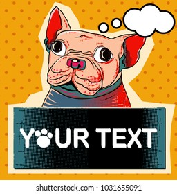 comic art and colorful halftone vector.Cartoon with balloon vintage and retro style.funny pug dog with balloon and halftone style.op art puppy French bulldog and balloon text vector.