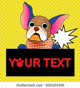 comic art and colorful halftone vector.Cartoon with balloon vintage and retro style.funny pug dog with balloon and halftone style.pop art puppy French bulldog and balloon text vector.