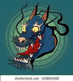 Comic art and retro style roaring dragon on halftone color vector.Hand drawn Japanese dragon head on white background.doodle art and Fairytale animal dragon's head.