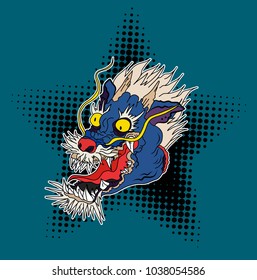 Comic art and retro style roaring dragon on halftone color vector.Hand drawn Japanese dragon head on white background.doodle art and Fairytale animal dragon's head.