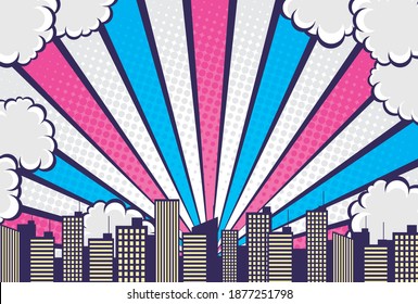 
Comic art style clouds, sky and city background material
