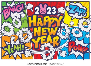 Estilo de cómic material de la tarjeta de Año Nuevo para el Año del Conejo en 2023