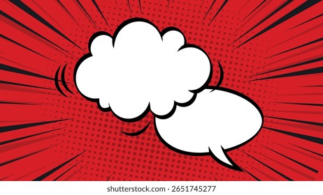 Comic art style red background with two white speech bubbles, halftone texture, and radiating lines. Ideal for storytelling, dialogue, and expressive visuals.