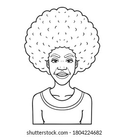 comic avatar of an african woman with afro. outline, monochrome.