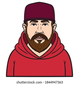 comic avatar with brown beard and red baseball cap and red hooded sweater.