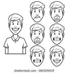 avatar cómic con diferentes expresiones faciales. conjunto, monocromo, contorno.