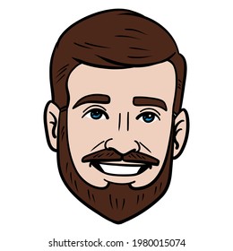 comic avatar of a laughing man with a full beard. outline, vector.