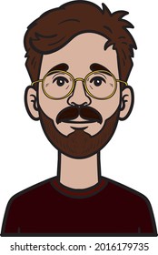 comic avatar of a young man with a beard and glasses.