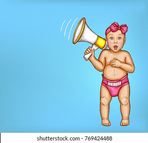 Comic baby girl with loudspeaker, in pink diaper, butterfly bow on head, pop art vector illustration isolated on blue background. Announce of discounts, sales, special offer in shop of childrens goods